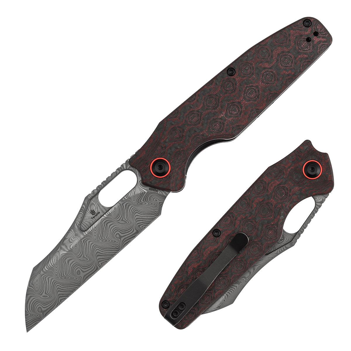 Tenable Tuckamore Folding Knife | 3.54" Water Ripple Damascus | Red & Black Rose Pattern Carbon Fiber | Jonathan Styles Design - B1052A4