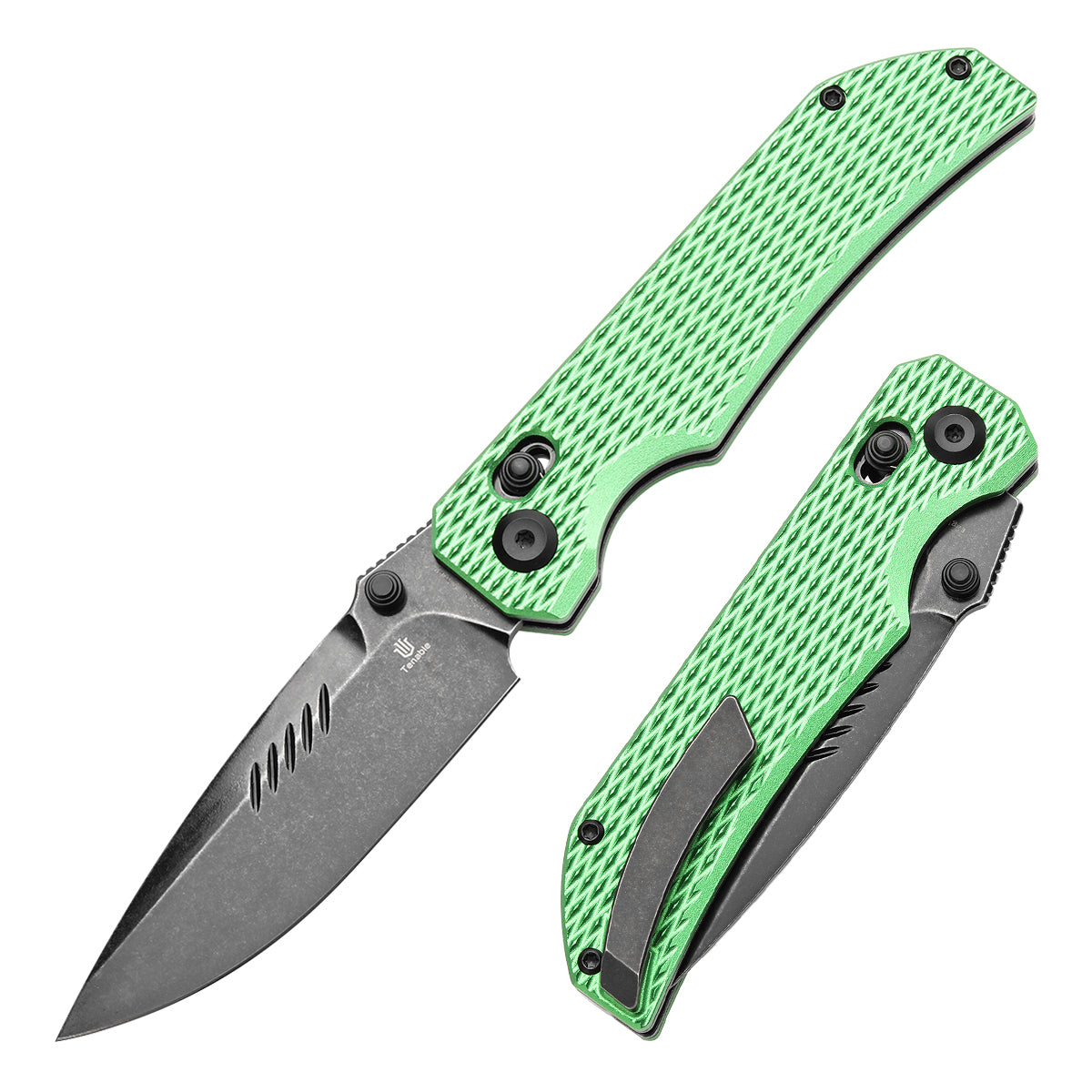 Tenable Eaglestrike Cross Bar Lock Folding Knife Green Anodized Aluminum with Diamond Pattern Handle (3.73'' Blackwash Nitro-V Blade) James Lowe Design-T1095V3