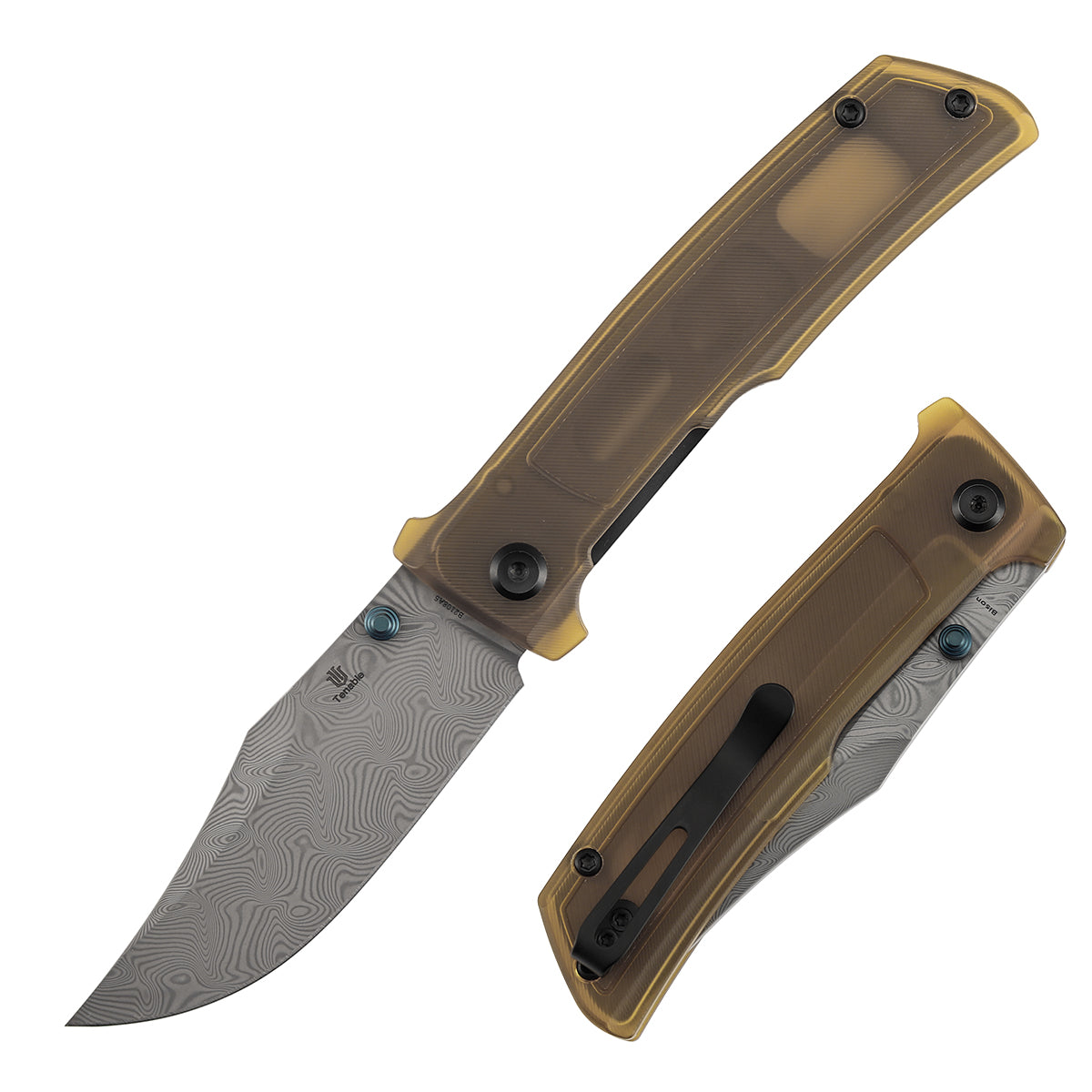 Tenable Bison Folding Knife | 3.24'' Water Ripple Damascus Blade | Amber PEI/Ultem Handle | Ray Laconico Knives Design | B2108A5