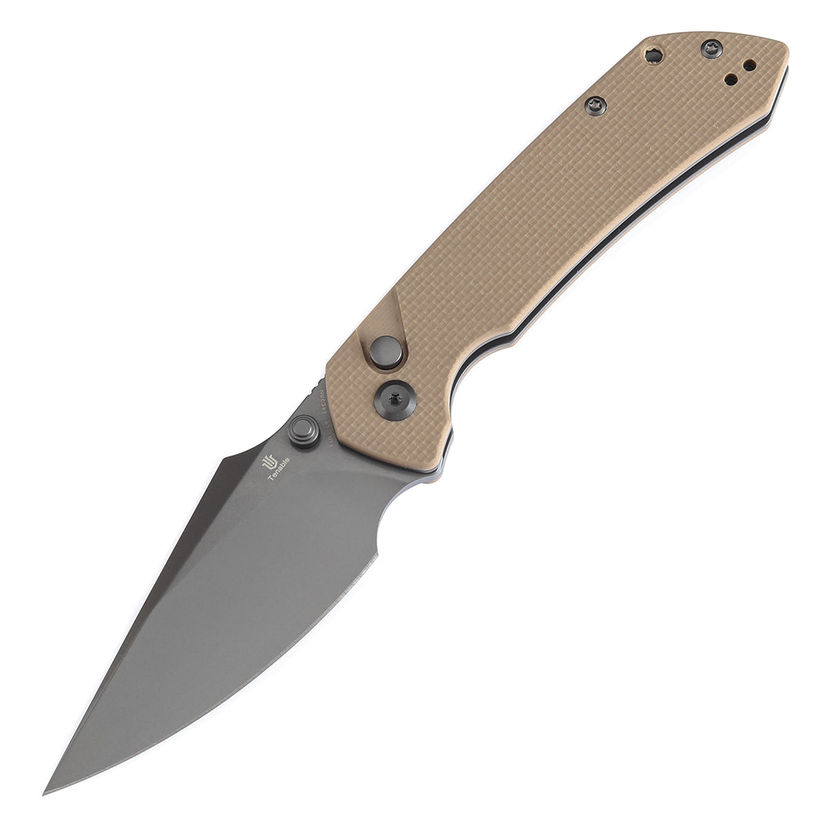 Tenable Button Lock Fenrir Folding Knife Light Sand G10 Handle (3.45" Grey TiCn Coated 14C28N Blade) Sparrow Knife Design--T1034F4