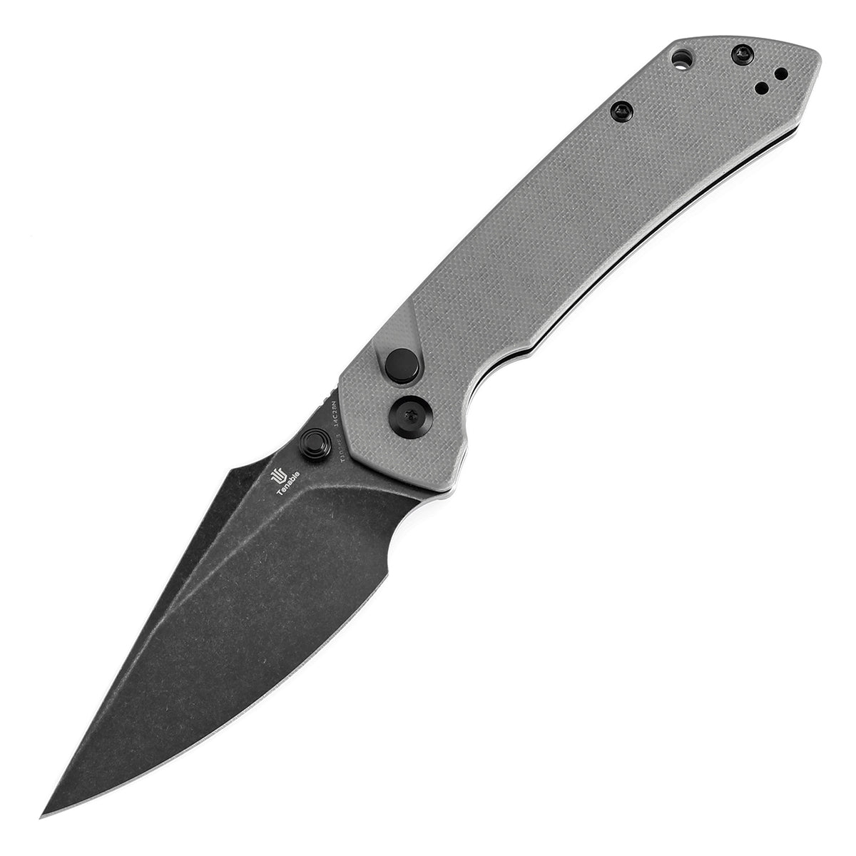 Tenable Button Lock Fenrir Folding Knife Grey G10 Handle (3.45" Blackwash 14C28N Blade) Sparrow Knife Design--T1034F3