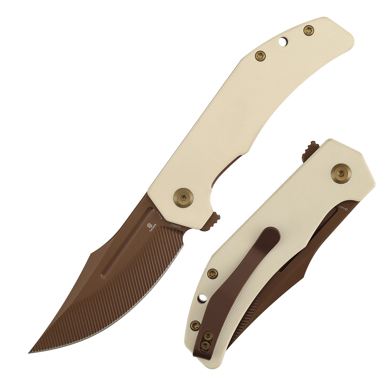 Tenable Orion Flipper Folding Knife | Ivory White G10 Handle | 3.07" Rose Gold Nitro V with CNC Milling Blade | JB Stout Design | B1089C5