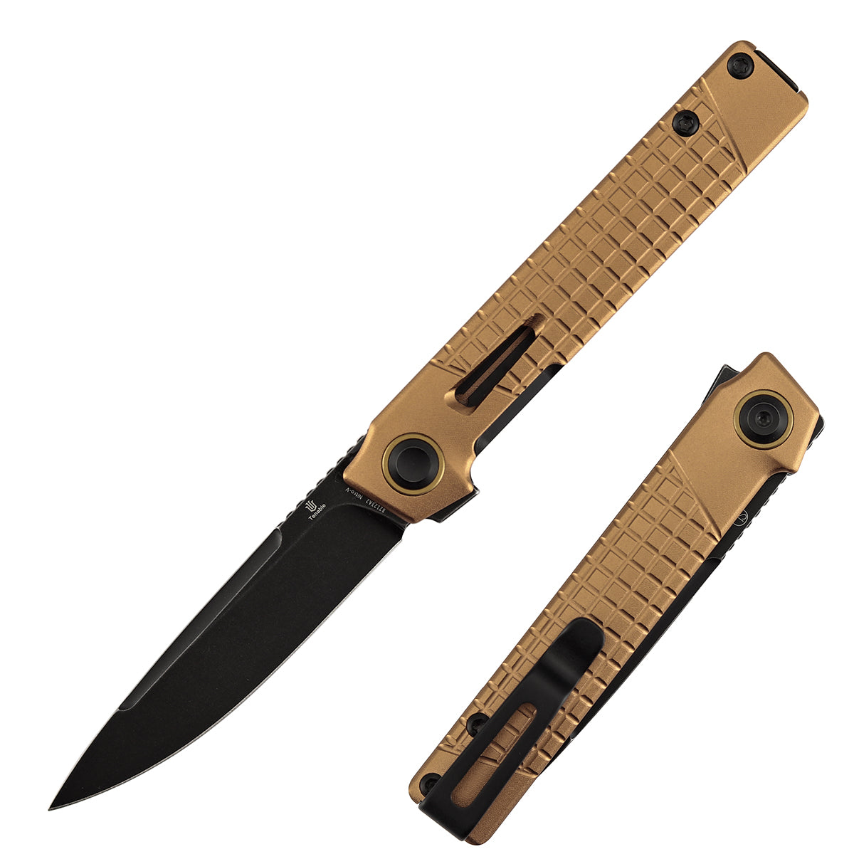 Tenable Kitpu Folding Knife | 2.9'' Blackwash Nitro-V Blade | Bronze Aluminum with Frag Pattern Handle | Jonathan Styles Design - B2123A2