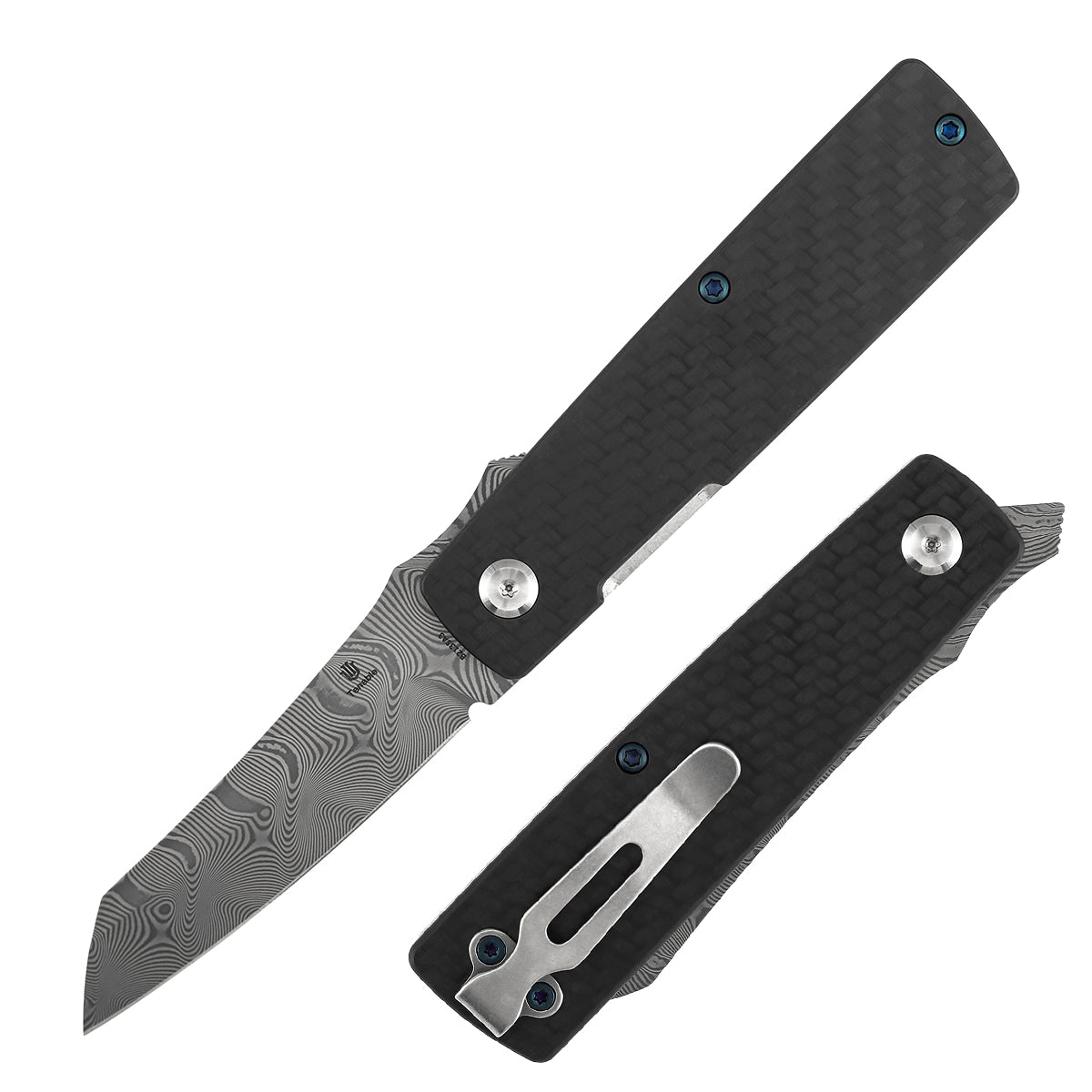 Tenable Higonokami Folding Knife | 3.02'' Water Ripple Damascus Blade | Twill Cabrbon Fiber Handle | Goran mihajlovic Design | B2135A3