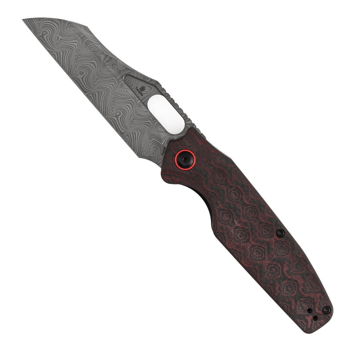 Tenable Tuckamore Folding Knife | 3.54" Water Ripple Damascus | Red & Black Rose Pattern Carbon Fiber | Jonathan Styles Design - B1052A4