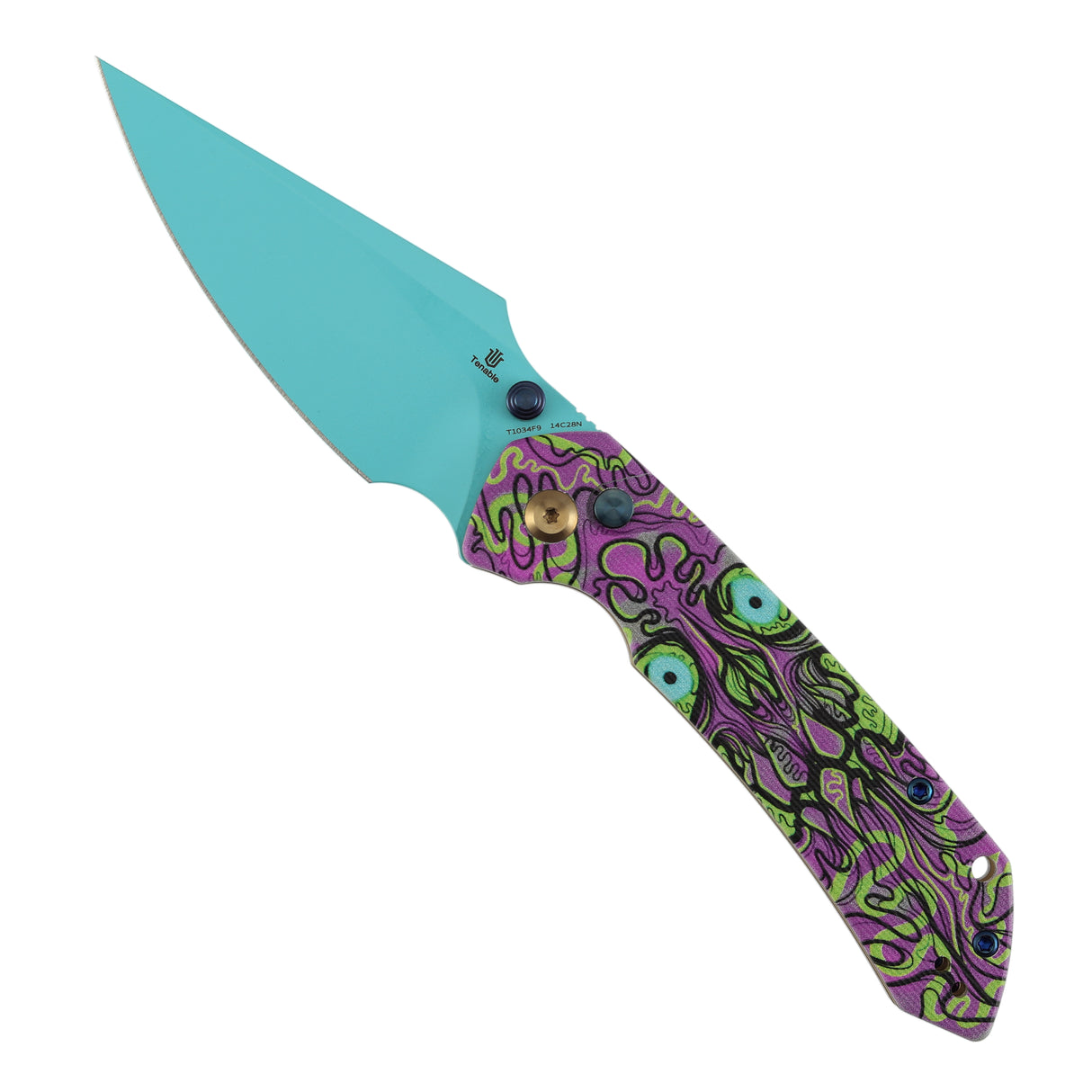 Fenrir Button Lock Knife | Jade G10 with Purple Undead Print Handle | 3.45" Blue Coated 14C28N Blade| Sparrow Knife Design | T1034F9