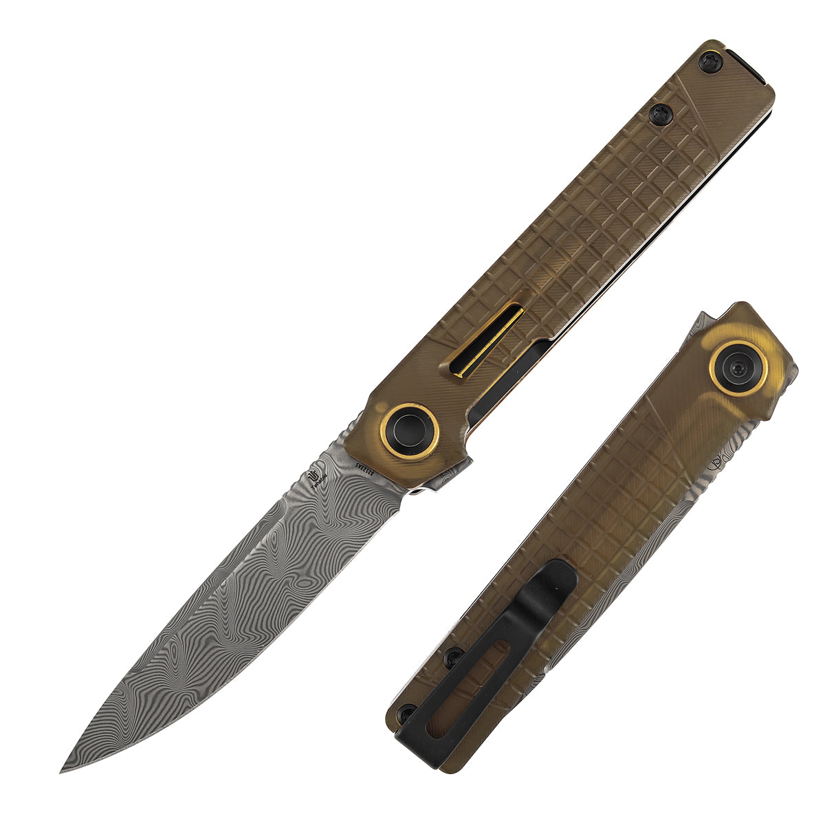 Tenable Kitpu Folding Knife | 2.9'' Water Ripple Damascus Blade | Amber PEI/Ultem with Frag Pattern Handle | Jonathan Styles Design - B2123A5