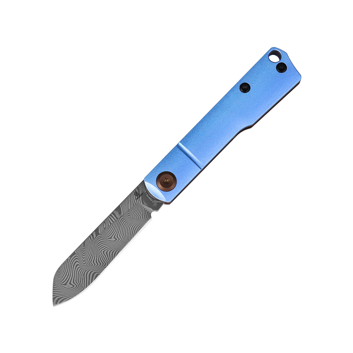 Tenable Riflestock Lock Back Folding knife | 2.34" Water Ripple Damascus Blade | Light Blue Anodized Aluminum Handle | Nick Swan Knives Design - B2131S1