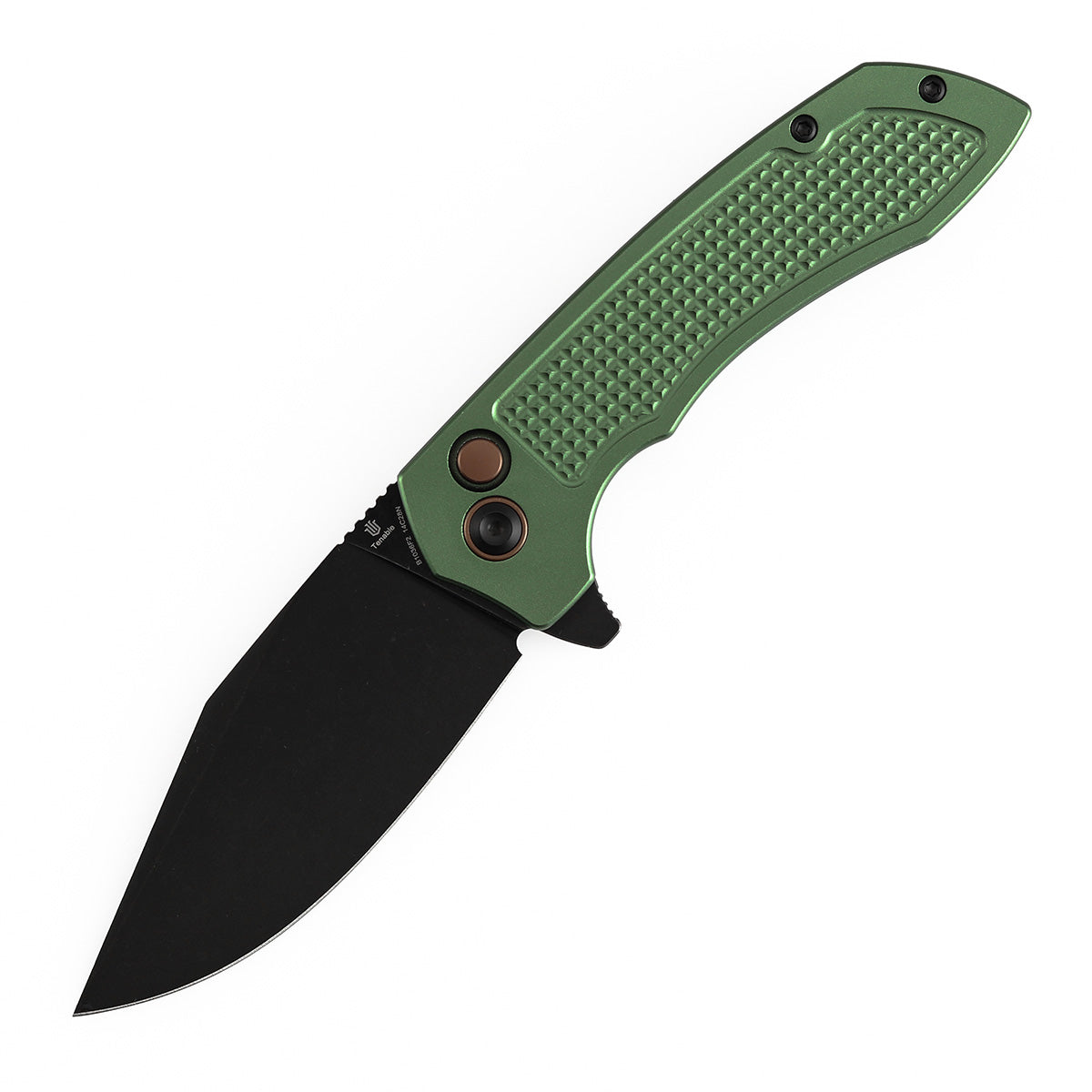 Christmas | Tenable Entity - Button Lock - 3.52'' Blackwash 14C28N - Dark Green Aluminum with Checkered Texture - Nalu Knives - B1036F2