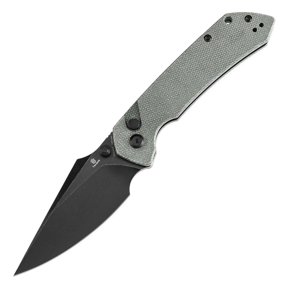 BladeHQ Exclusive Tenable Fenrir Button Lock Knife Green Micarta (3.4" Black SW 14C28N) T1034F5