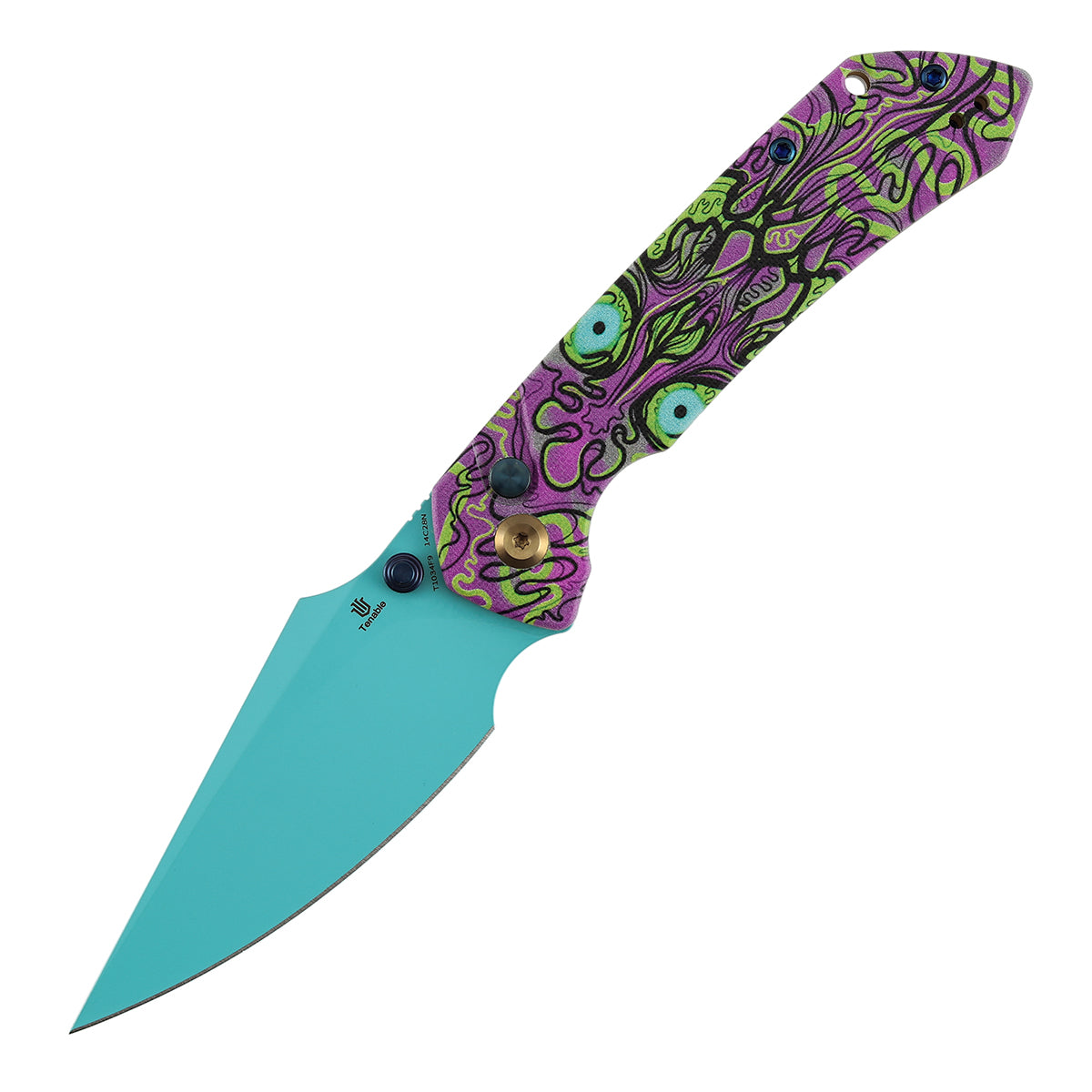Fenrir Button Lock Knife | Jade G10 with Purple Undead Print Handle | 3.45" Blue Coated 14C28N Blade| Sparrow Knife Design | T1034F9