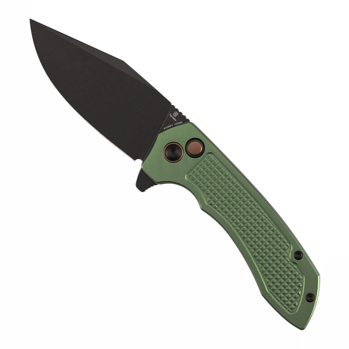 Christmas | Tenable Entity - Button Lock - 3.52'' Blackwash 14C28N - Dark Green Aluminum with Checkered Texture - Nalu Knives - B1036F2