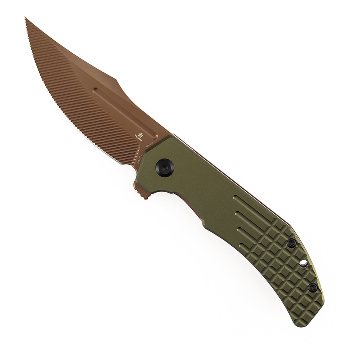 Tenable Orion Flipper Folding Knife |  3.07" Rose Gold Nitro V with CNC Milling Blade | Green Aluminum Handle | JB Stout Design | B1089C2
