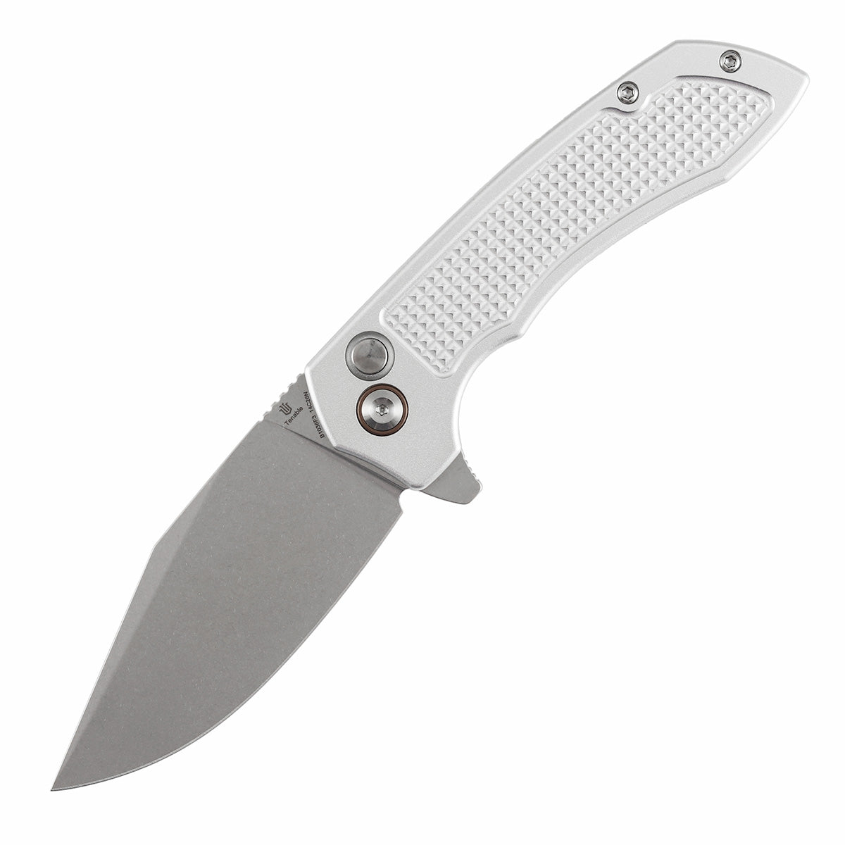 Tenable Entity - Button Lock - 3.52'' Stonewashed 14C28N - Silver Aluminum with Checkered Texture - Nalu Knives Design - B1036F3