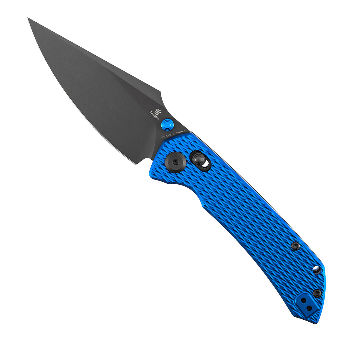 Tenable Fenrir Cross Bar Lock Folding Knife| 3.48'' Gray TiCn Coated Nitro V Blade | Blue Anodized Aluminum with Diamond Pattern Handle | Sparrow Knife Design| T1034V15