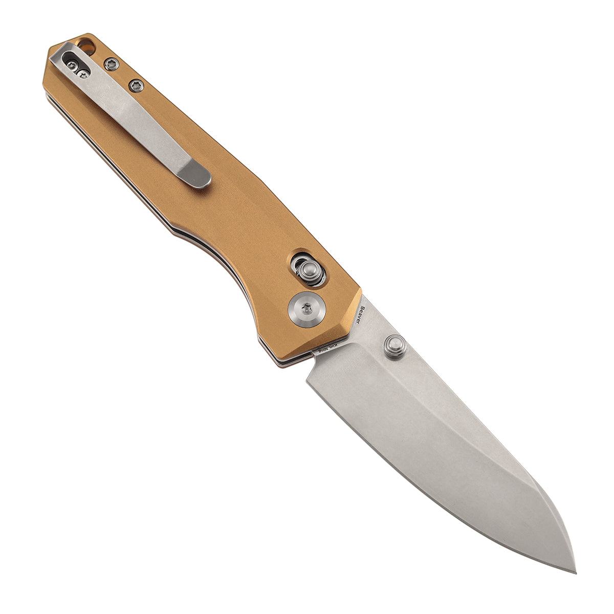Tenable Beaver Cross Bar Lock Folding Knife Bronze Aluminum Handle (3.44'' Stonewashed Nitro-V Blade) Kim Ning Design-T1105V8