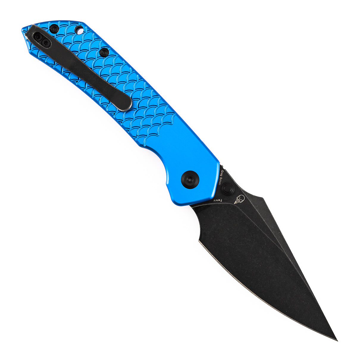 Tenable Fenrir Top Liner Lock Folding Knife| | 3.48“ Blackwash Nitro V Blade | Dark Blue Anodized Aluminum with  Fishscale Texture Handle | Sparrow Knife Design | B1034H92