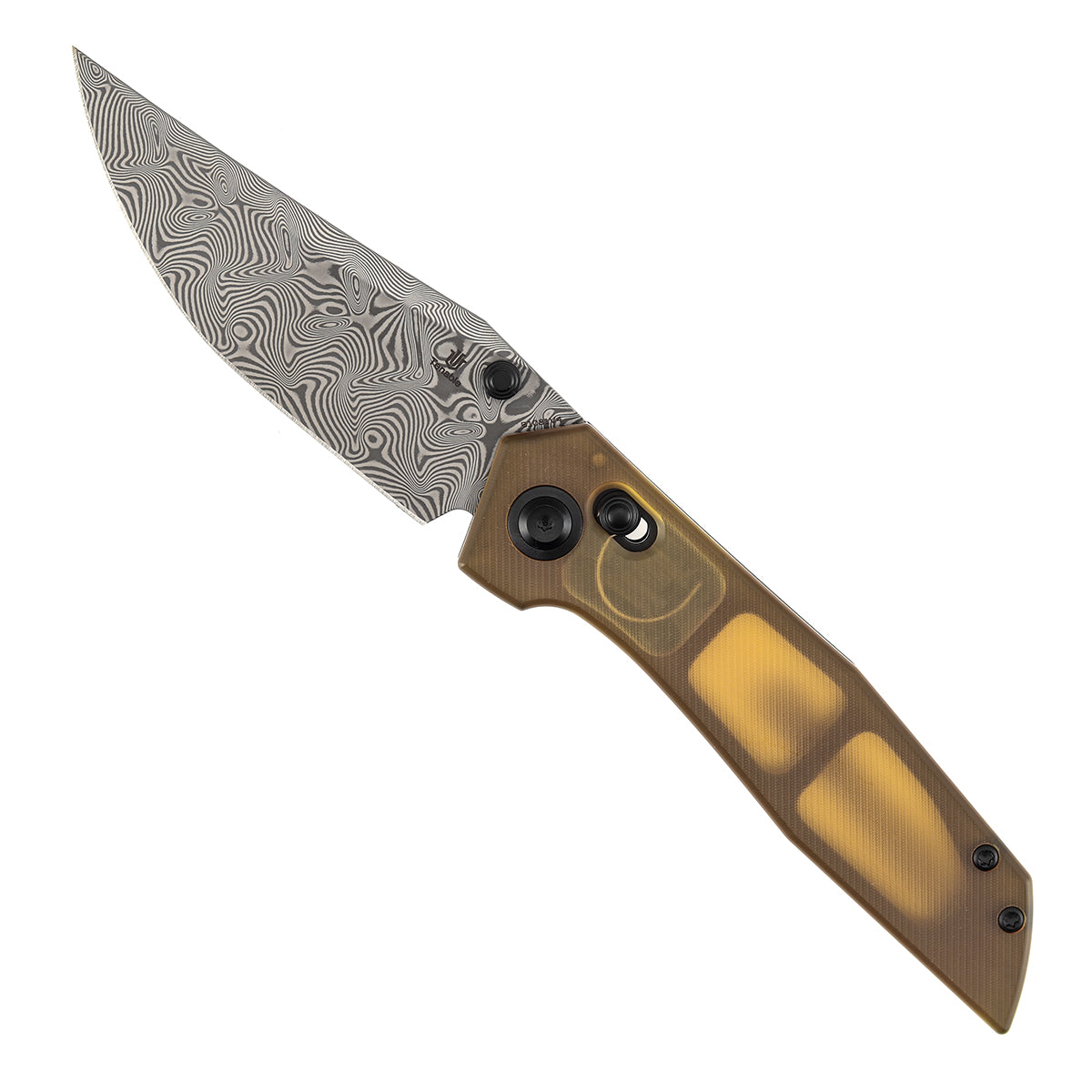 Tenable Deadite Cross Bar Lock Knife | 3.52" Water Ripple Damascus Blade | Amber PEI Handle | TuffKnives Design - B1081V4