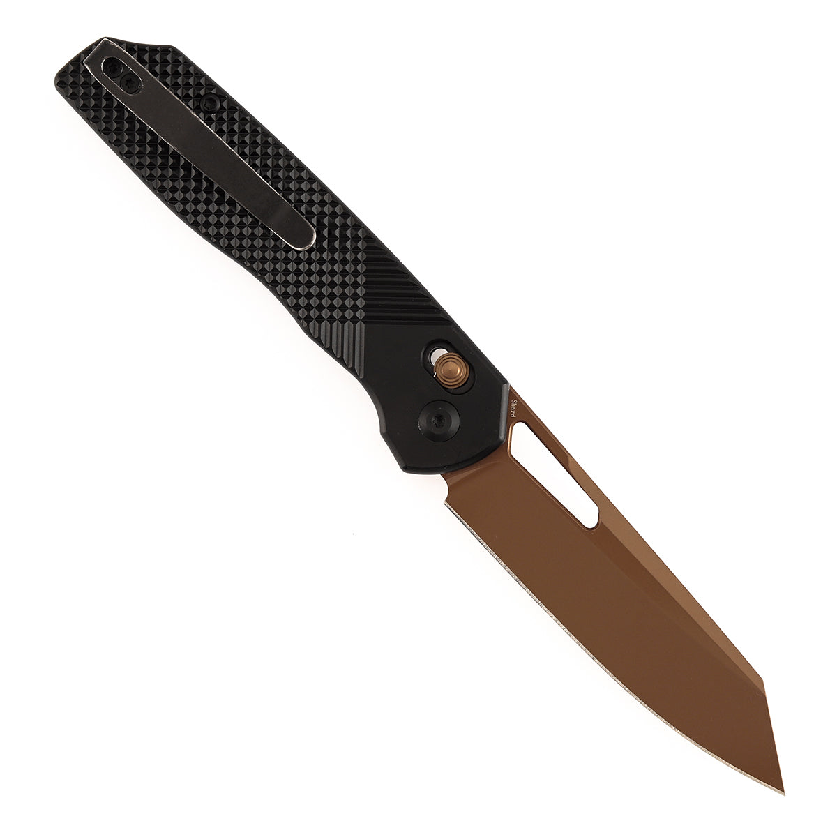 Tenable Shard | Cross Bar Lock Folding Knife | 3.47'' Rose Gold 14C28N Blade | Black Aluminum Handle | Kim Ning Design | T1006V10
