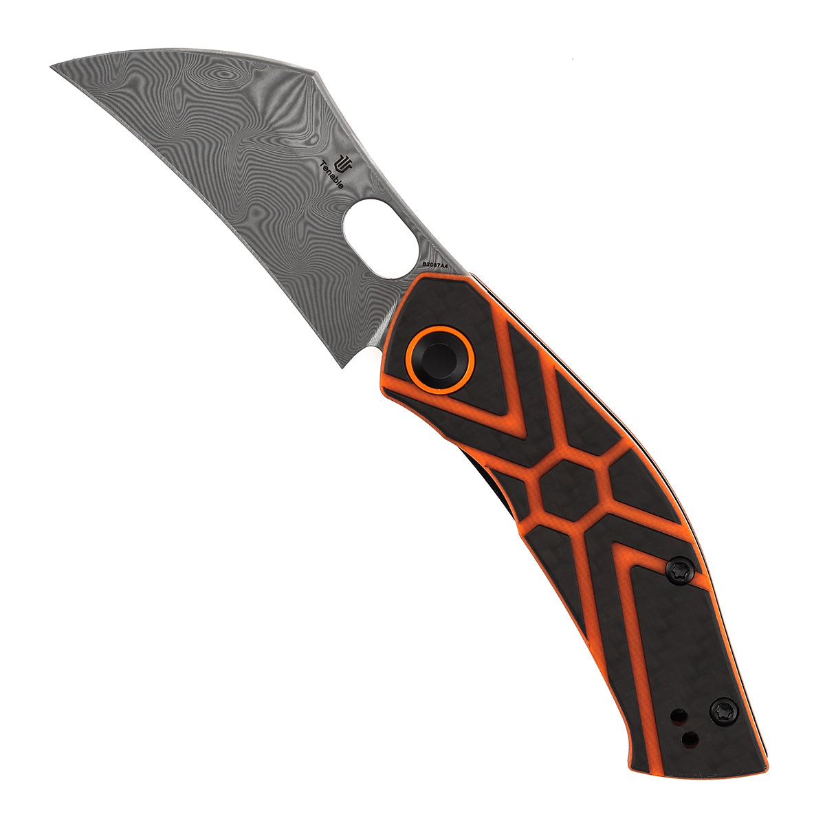 Pre-Order ：Ships by Aug. 10 | Tenable Osprey Folding Knife | 2.22" Water Ripple Damascus | Twill Carbon Fiber & Orange G10 Handle | Triple Stripe Knives Design - B2087A4