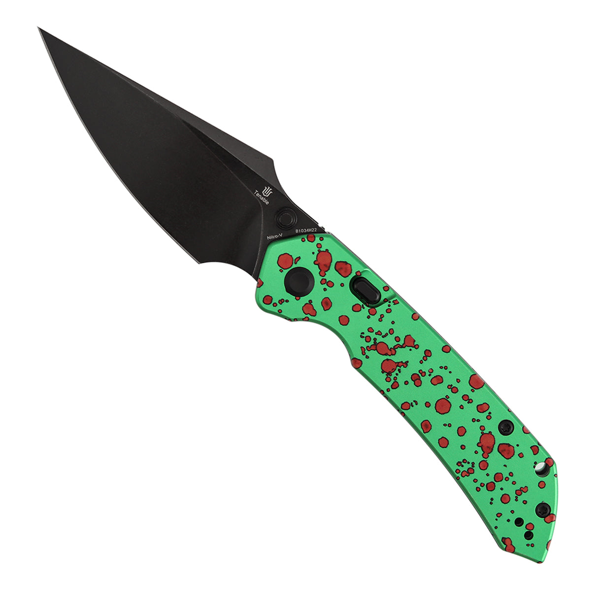 Tenable Fenrir Top Liner Lock Folding Knife| 3.4" Blackwash Nitro-V Blade |Green Aluminum with Zombie Blood Handle | Sparrow Knife Design | B1034H22