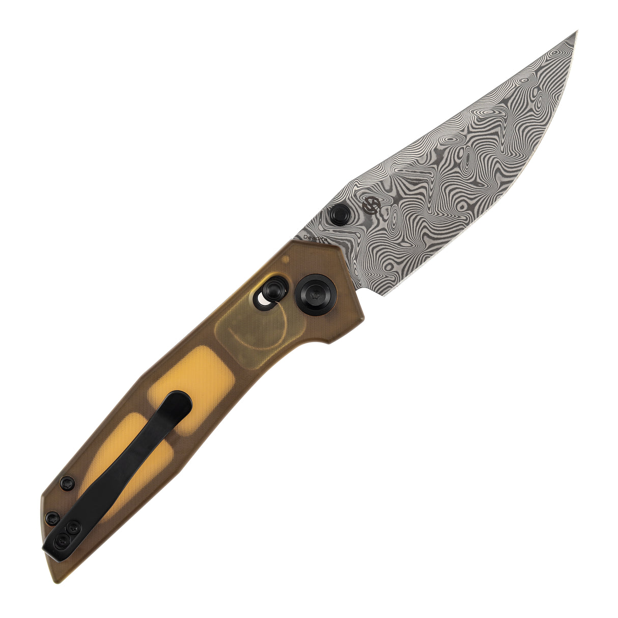 Tenable Deadite Cross Bar Lock Knife | 3.52" Water Ripple Damascus Blade | Amber PEI Handle | TuffKnives Design - B1081V4