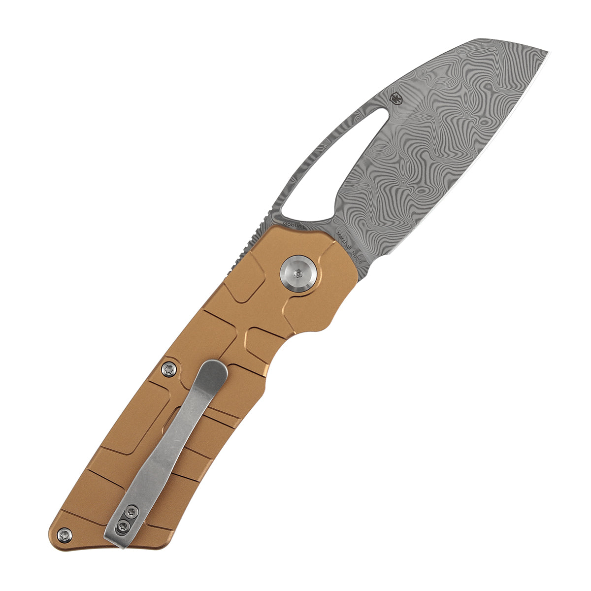 Tenable Goblin L Folding Knife | 3.08" Water Ripple Damascus Blade |Bronze Anodized Aluminum with Amphibian-inspired Geometric Texture Handle | Marshall Noble Design | B3016A2