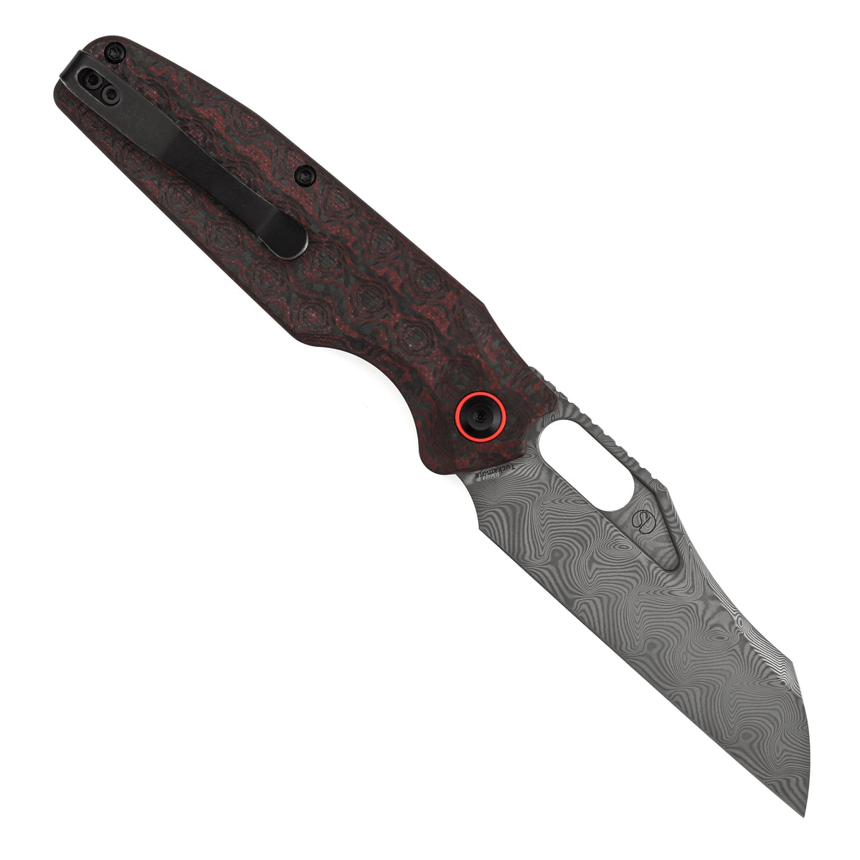 Tenable Tuckamore Folding Knife | 3.54" Water Ripple Damascus | Red & Black Rose Pattern Carbon Fiber | Jonathan Styles Design - B1052A4