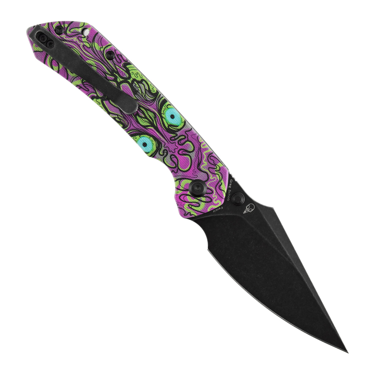Fenrir Button Lock Knife | Jade G10 with Purple Undead Print Handle | 3.45" Blackwash 14C28N Blade| Sparrow Knife Design | T1034F7