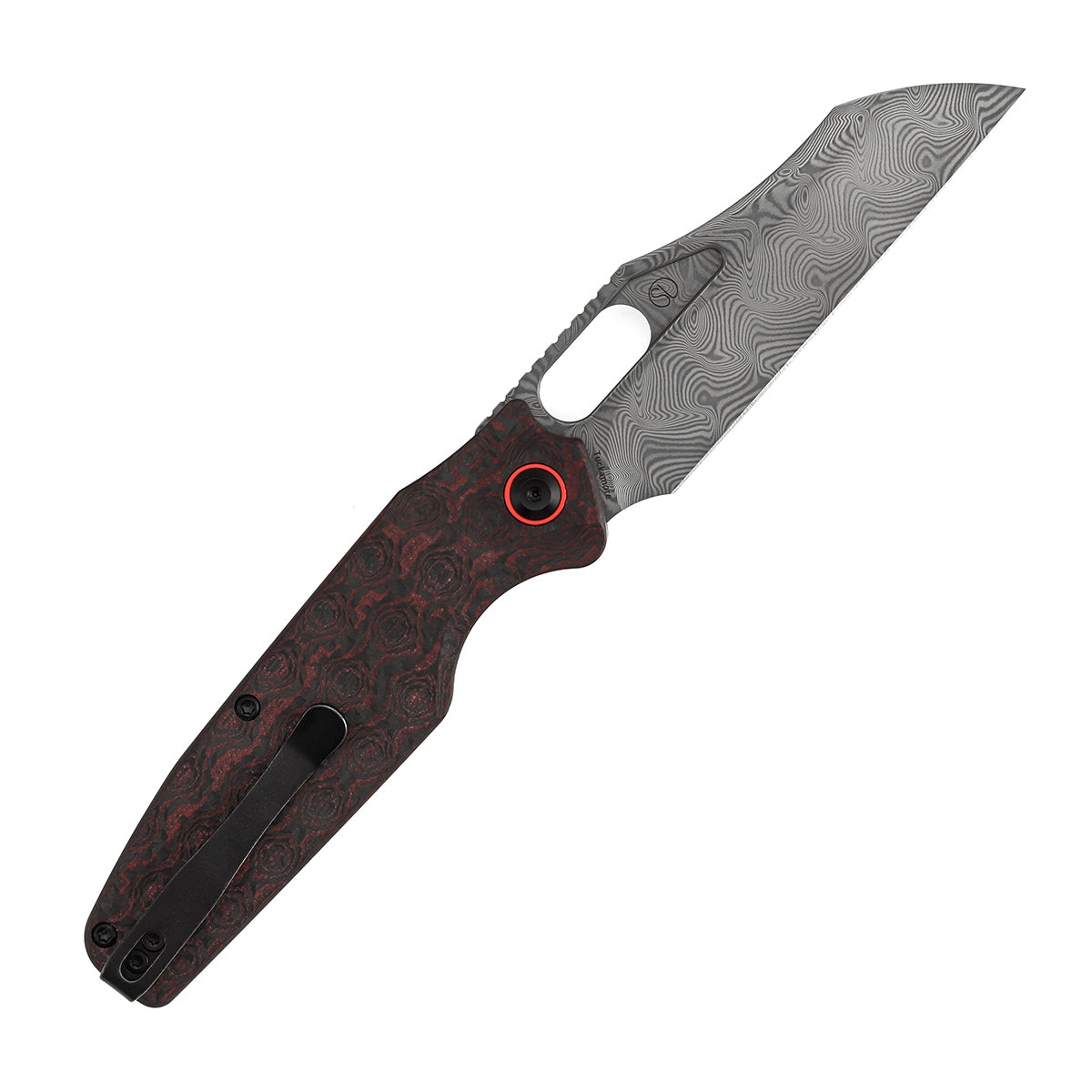 Tenable Tuckamore Folding Knife | 3.54" Water Ripple Damascus | Red & Black Rose Pattern Carbon Fiber | Jonathan Styles Design - B1052A4