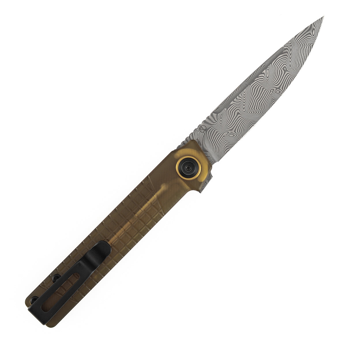 Tenable Kitpu Folding Knife | 2.9'' Water Ripple Damascus Blade | Amber PEI/Ultem with Frag Pattern Handle | Jonathan Styles Design - B2123A5