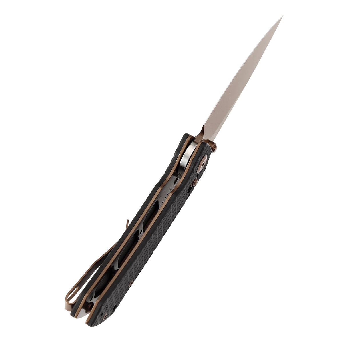 Tenable Fenrir Cross Bar Lock Folding Knife| Black G10 with Frag Pattern| 3.49" Rose Gold Coated Nitro-V Blade | Sparrow Knife Design | T1034V8