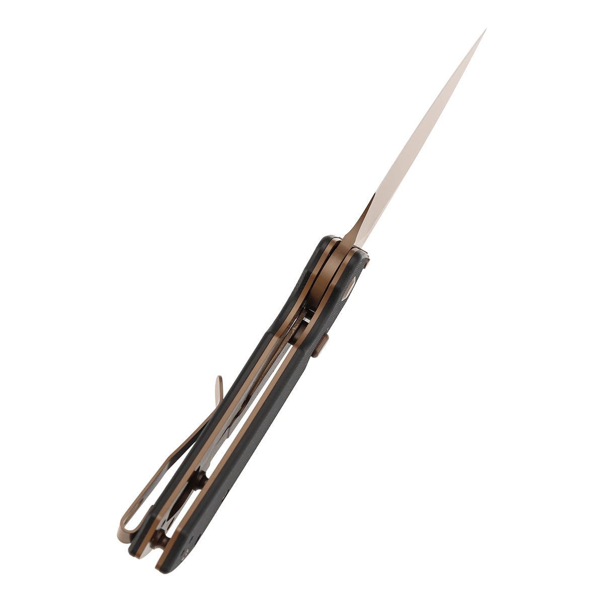 Available on TikTok - Tenable Fenrir Top Liner Lock Folding Knife| Black G10 Handle | 3.48“ Rose Gold Coated Nitro-V Blade | Sparrow Knife Design | B1034H3