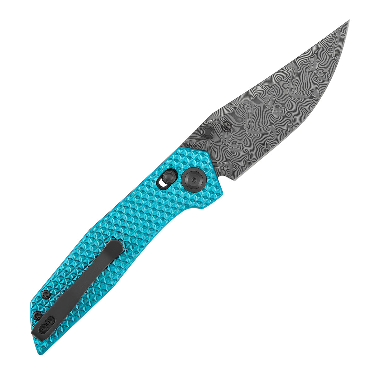 Tenable Deadite Cross Bar Lock Knife | 3.52" Water Ripple Damascus Blade | Light Blue Anodized Aluminum Handle | TuffKnives Design - B1081V1