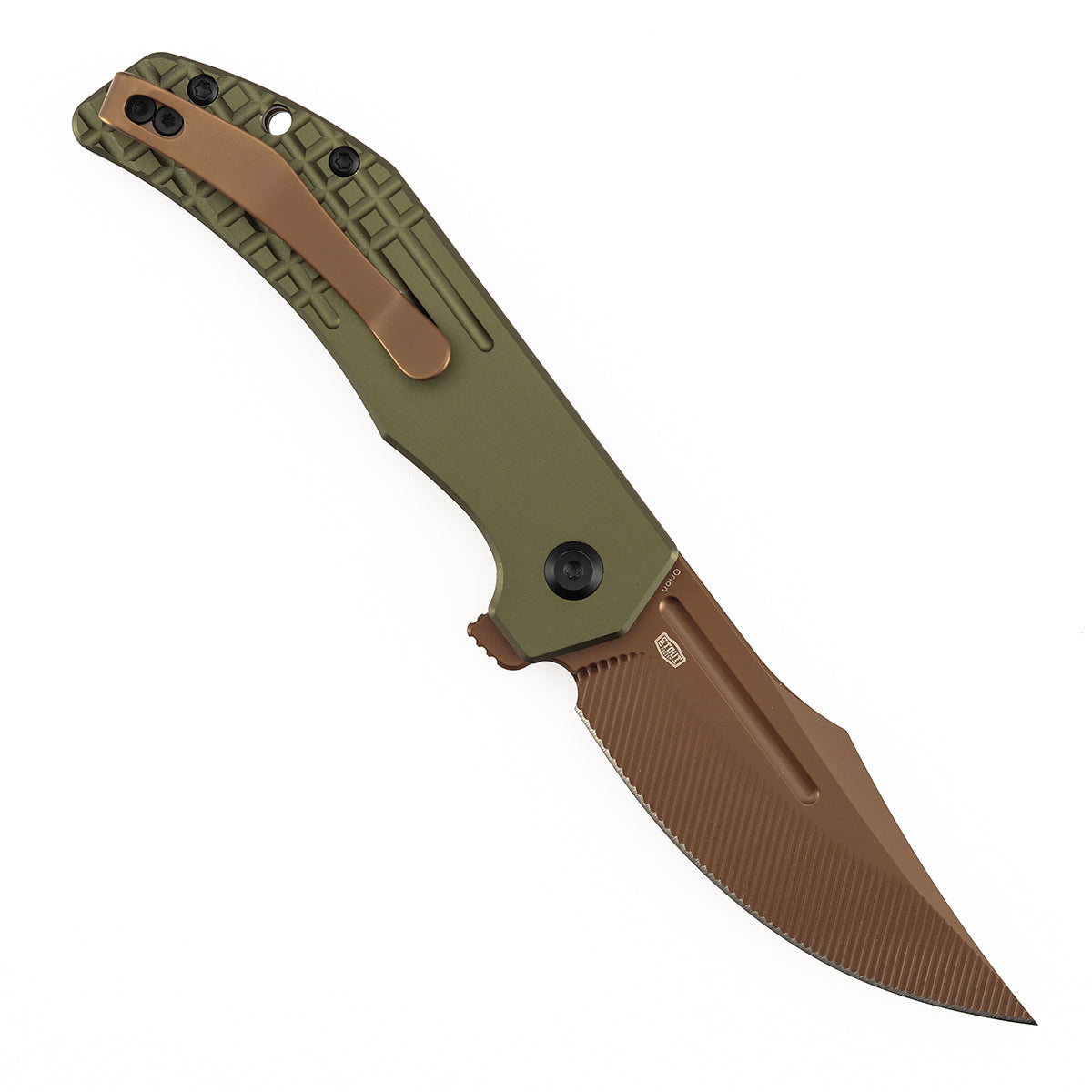 Tenable Orion Flipper Folding Knife |  3.07" Rose Gold Nitro V with CNC Milling Blade | Green Aluminum Handle | JB Stout Design | B1089C2