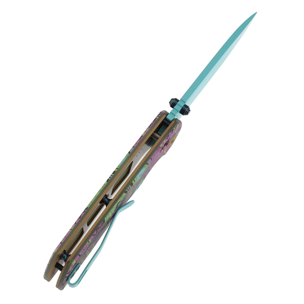 Tenable Kryo Cross Bar Lock Jade G10 with Purple Undead Print Handle | 3.58‘’ Blue Coated 14C28N Blade| Kim Ning Design - T1001V9