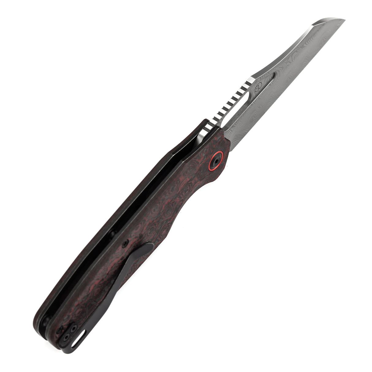 Tenable Tuckamore Folding Knife | 3.54" Water Ripple Damascus | Red & Black Rose Pattern Carbon Fiber | Jonathan Styles Design - B1052A4