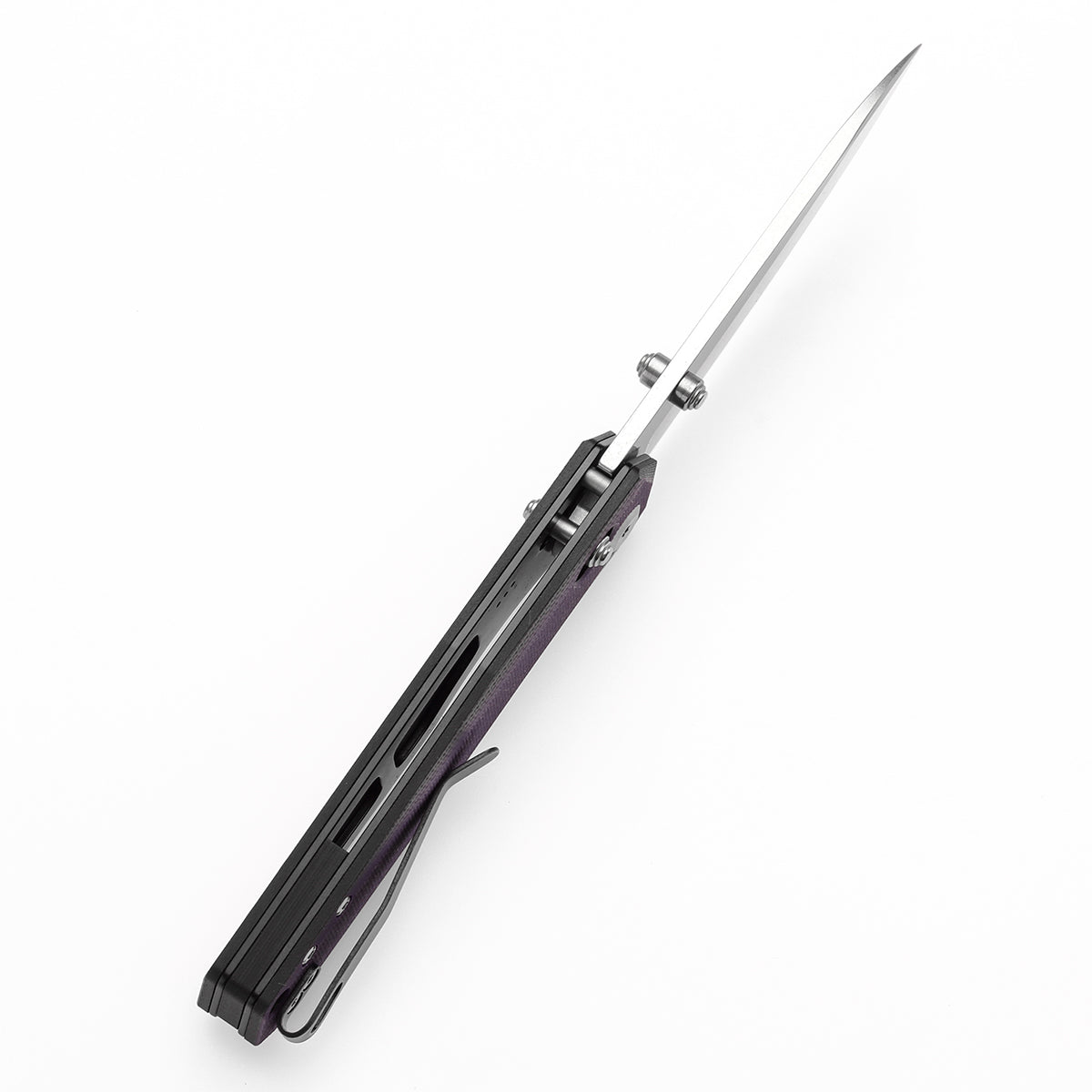 Tenable Beaver Cross Bar Lock Folding Knife Purple and Black G10 Handle (3.44'' Stonewashed Nitro-V Blade) Kim Ning Design-T1105V1