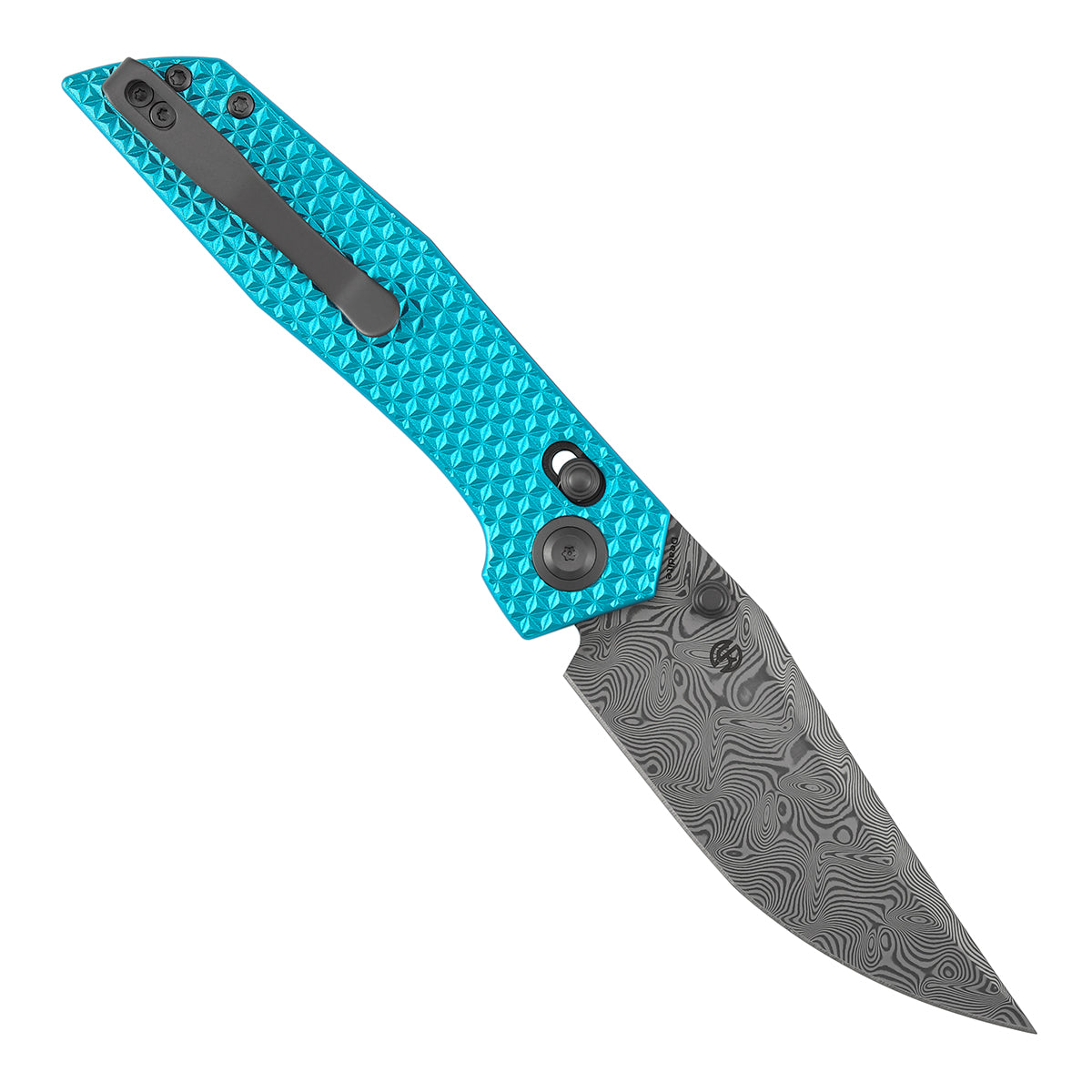Tenable Deadite Cross Bar Lock Knife | 3.52" Water Ripple Damascus Blade | Light Blue Anodized Aluminum Handle | TuffKnives Design - B1081V1