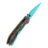 Fenrir Button Lock Knife | Jade G10 with Purple Undead Print Handle | 3.45" Blue Coated 14C28N Blade| Sparrow Knife Design | T1034F9