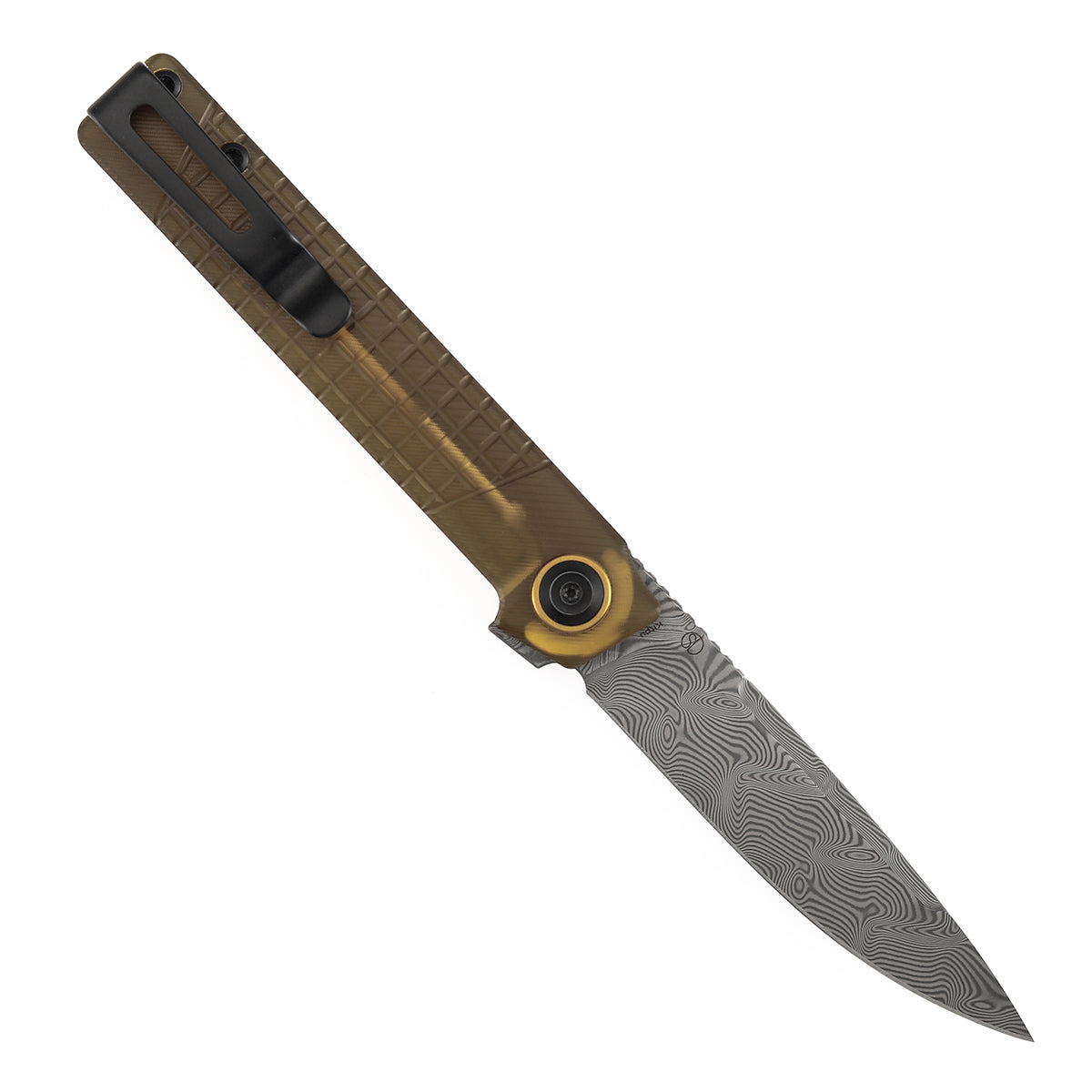 Tenable Kitpu Folding Knife | 2.9'' Water Ripple Damascus Blade | Amber PEI/Ultem with Frag Pattern Handle | Jonathan Styles Design - B2123A5