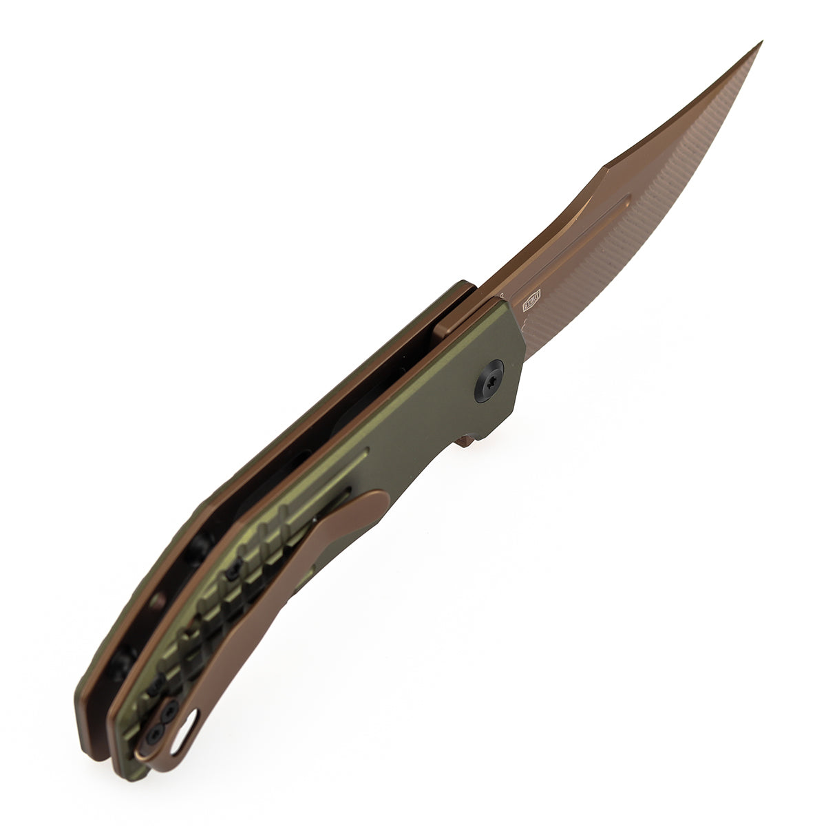 Tenable Orion Flipper Folding Knife |  3.07" Rose Gold Nitro V with CNC Milling Blade | Green Aluminum Handle | JB Stout Design | B1089C2