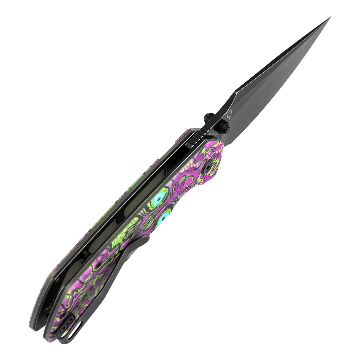 Fenrir Button Lock Knife | Jade G10 with Purple Undead Print Handle | 3.45" Blackwash 14C28N Blade| Sparrow Knife Design | T1034F7
