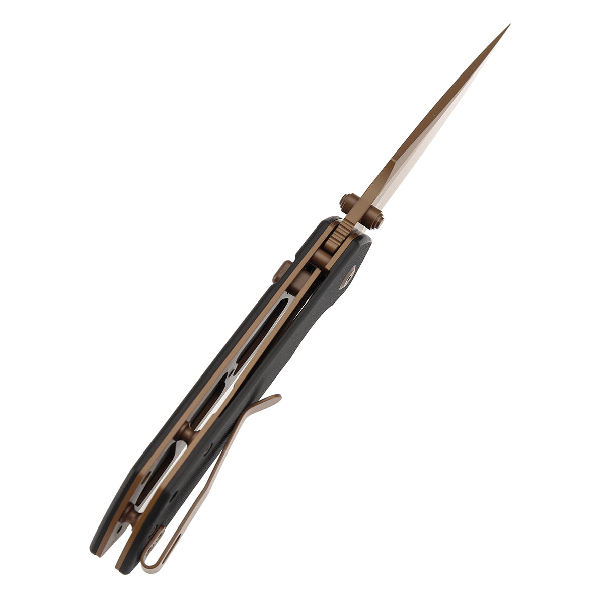 Available on TikTok - Tenable Fenrir Top Liner Lock Folding Knife| Black G10 Handle | 3.48“ Rose Gold Coated Nitro-V Blade | Sparrow Knife Design | B1034H3