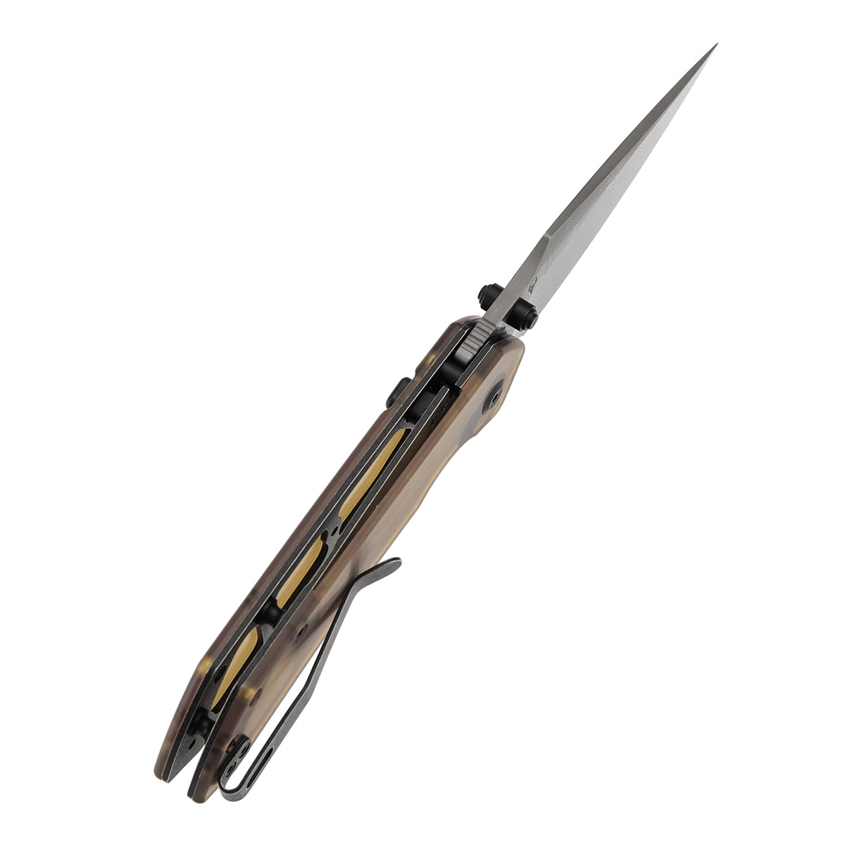 Available on TikTok -Tenable Fenrir Top Liner Lock Folding Knife| Amber PEI Handle | 3.4“ Damacus Blade | Sparrow Knife Design | B1034H6