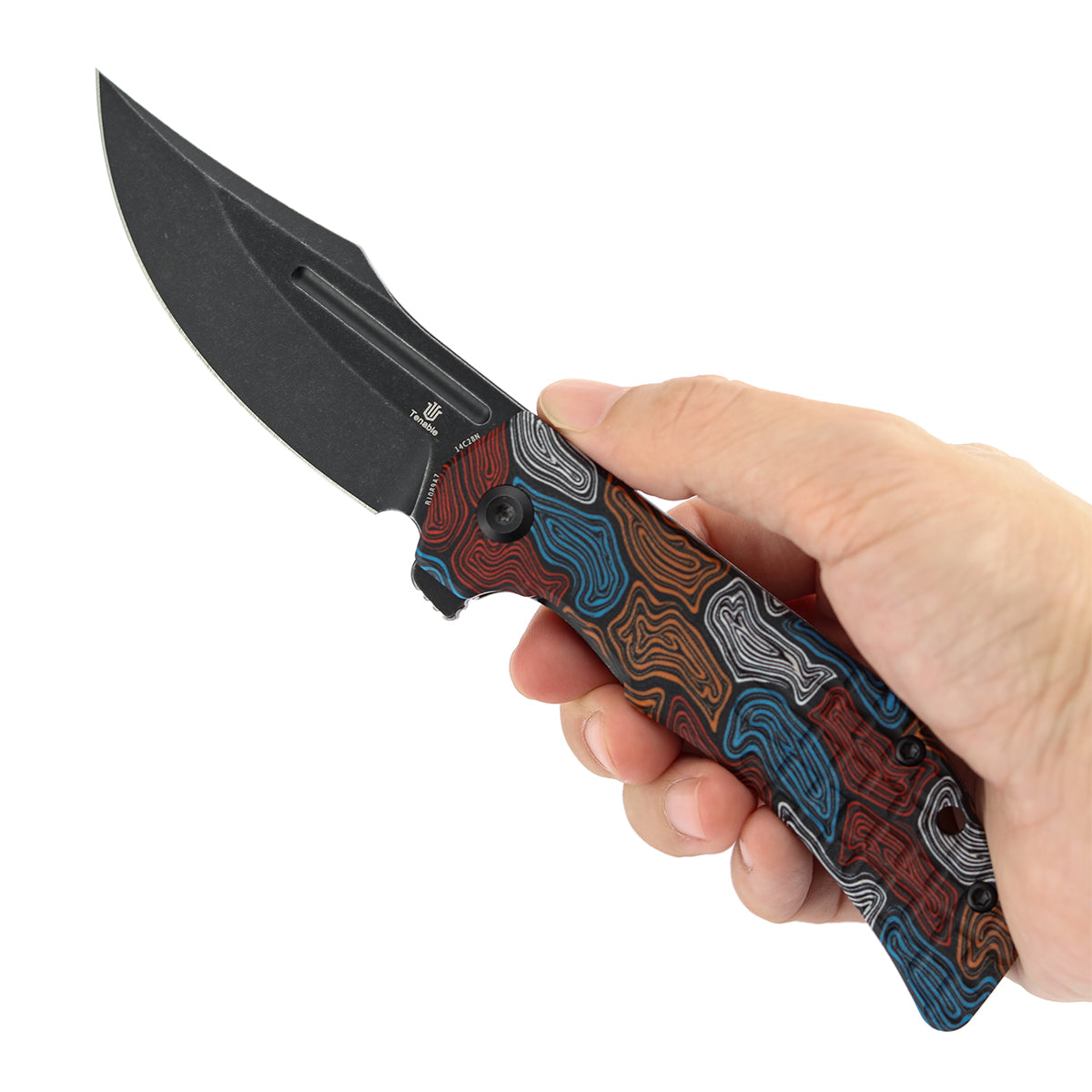 Tenable Orion Liner Lock | Multi-color Topo   G-mascus Handle | Blackwashed 14C28N | JB Stout Design | B1089A7