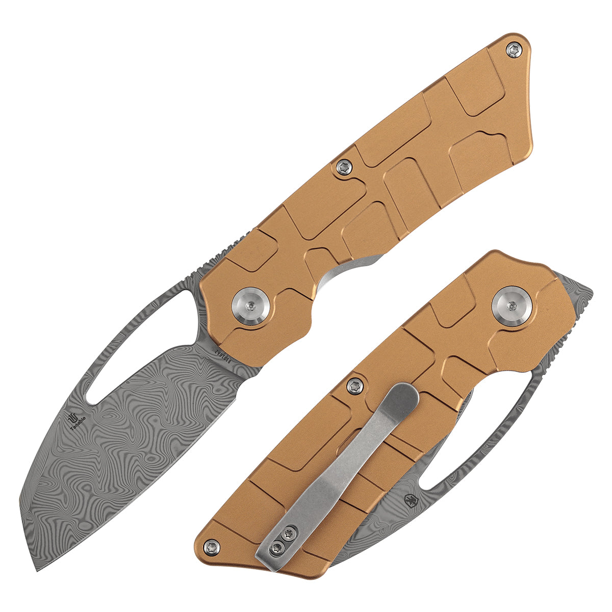 Tenable Goblin L Folding Knife | 3.08" Water Ripple Damascus Blade |Bronze Anodized Aluminum with Amphibian-inspired Geometric Texture Handle | Marshall Noble Design | B3016A2