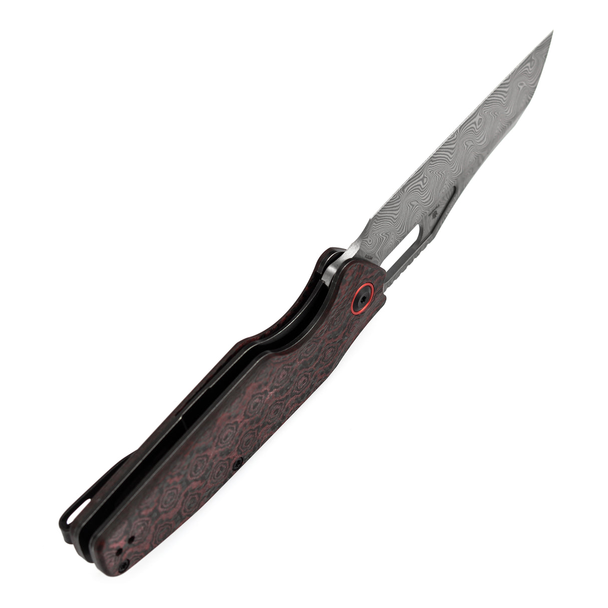Tenable Tuckamore Folding Knife | 3.54" Water Ripple Damascus | Red & Black Rose Pattern Carbon Fiber | Jonathan Styles Design - B1052A4