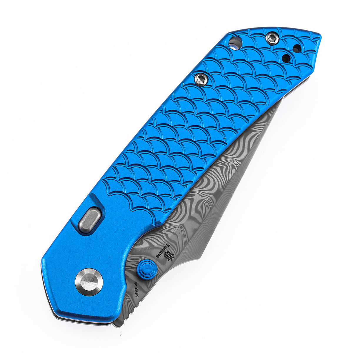 Available on TikTok - Tenable Fenrir Top Liner Lock Folding Knife| Dark Blue Anodized Aluminum with  Fishscale Texture Handle | 3.48“ Damascus Blade | Sparrow Knife Design | B1034H9