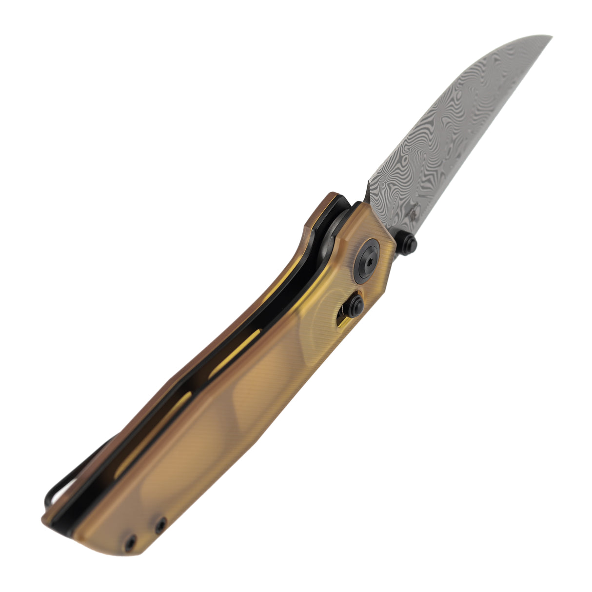 Tenable Deadite Cross Bar Lock Knife | 3.52" Water Ripple Damascus Blade | Amber PEI Handle | TuffKnives Design - B1081V4